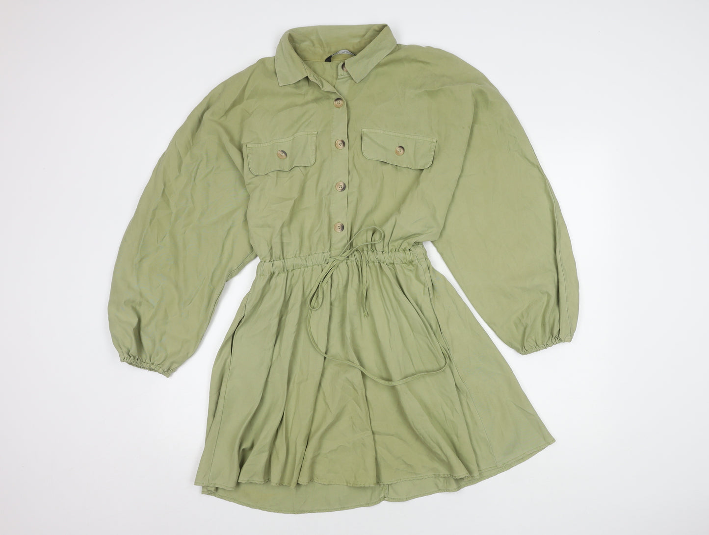 ZARA Green Shirt Dress, S, Women's Long Sleeve Collared