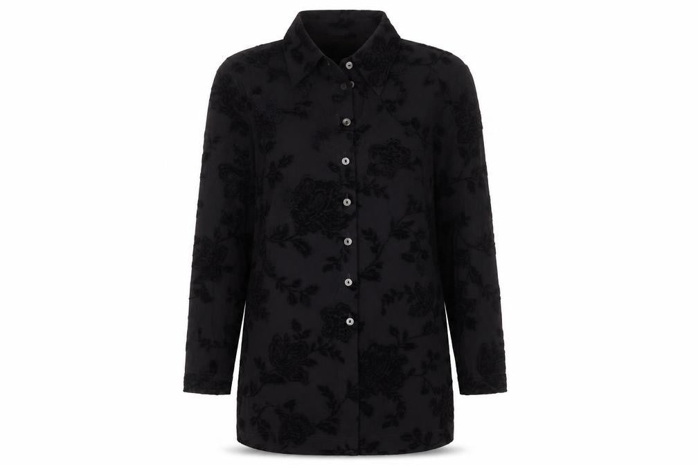 Front view of K.S. Selection Women's Black Floral Button-Up Shirt