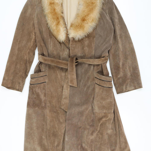 Women's Brown Suede Fur Trim Belted Coat Size 14
