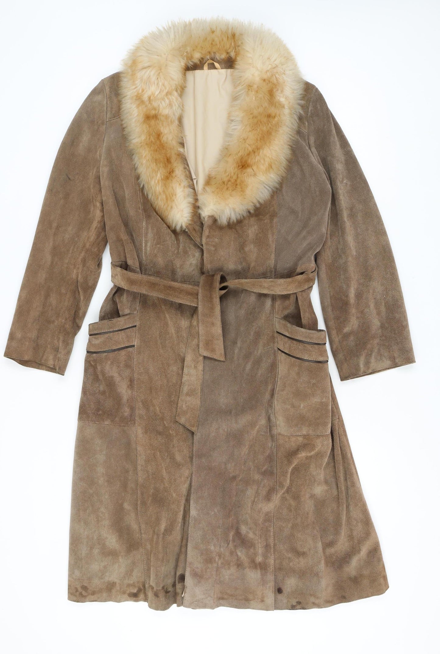 Women's Brown Suede Fur Trim Belted Coat Size 14