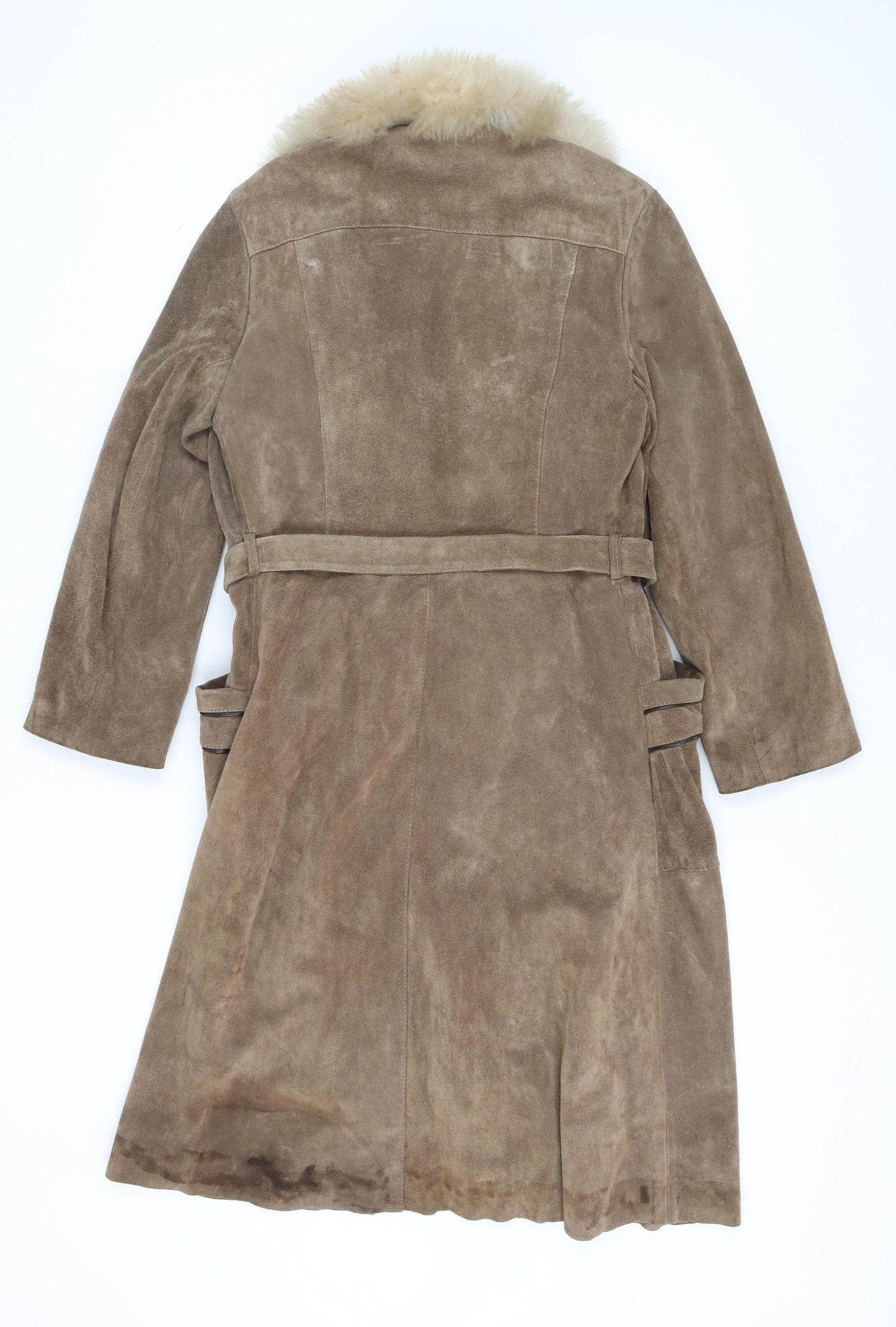 Women's Brown Suede Fur Trim Belted Coat Size 14