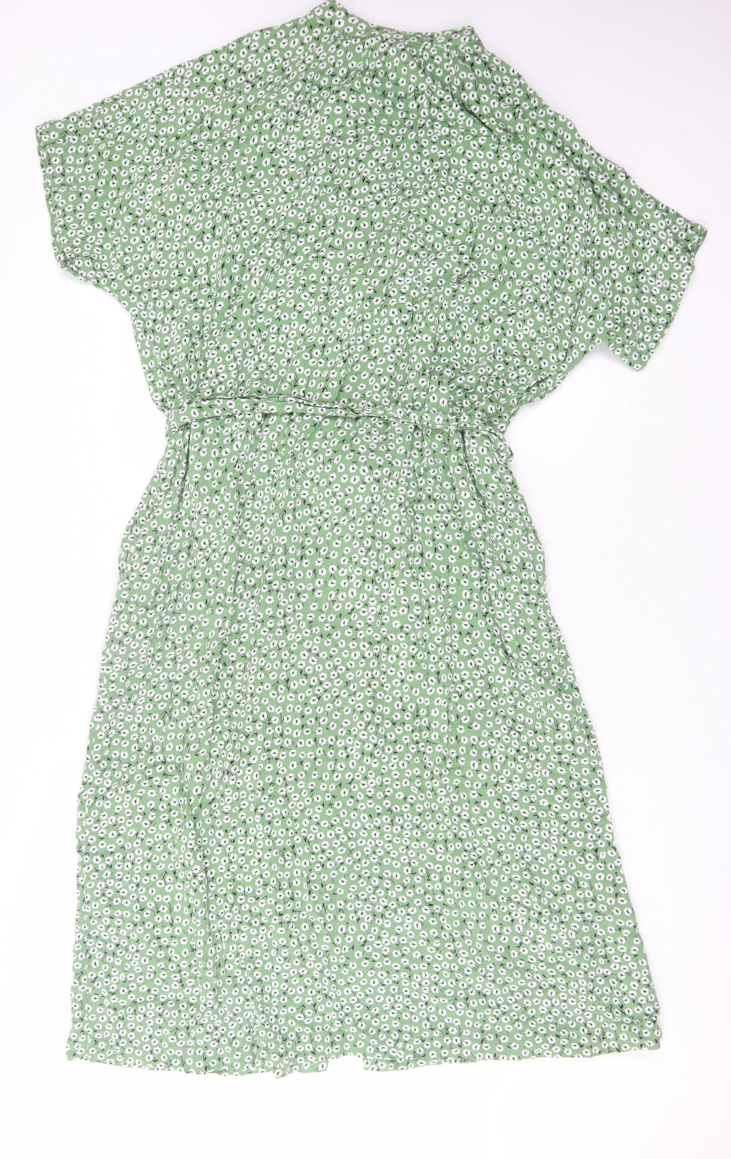 H&M Women's Green Floral Midi Shirt Dress M