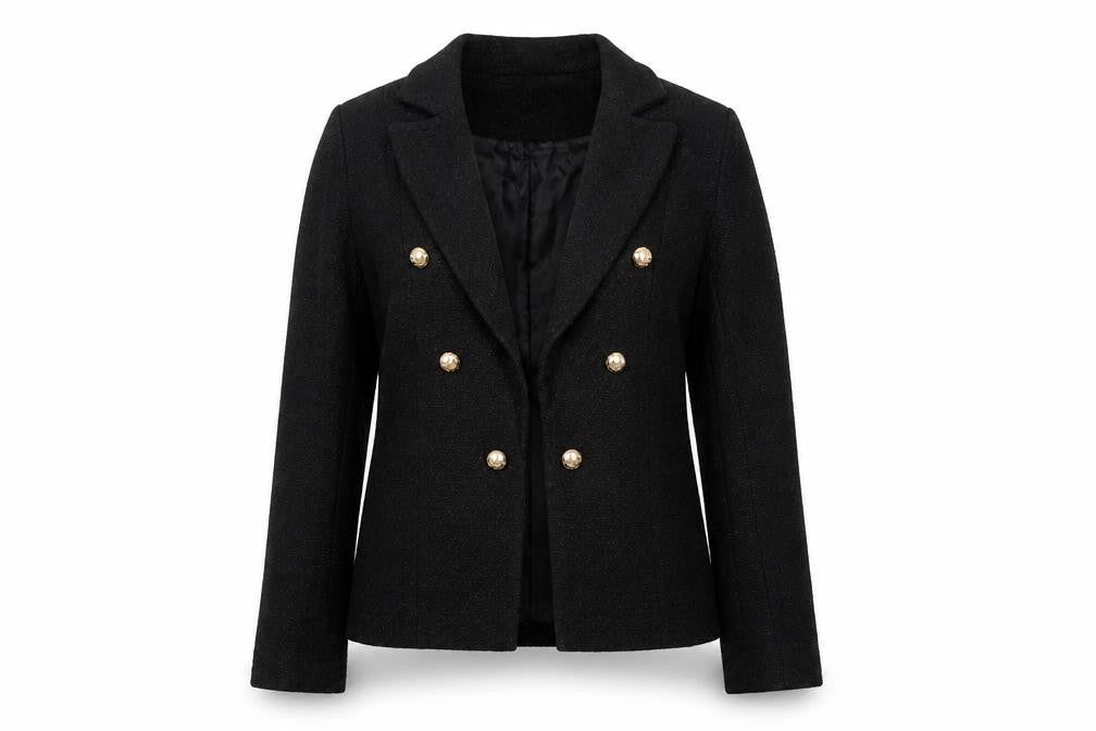 Front view of Lipsy Women's Black Bouclé Blazer, Double-Breasted, size 8