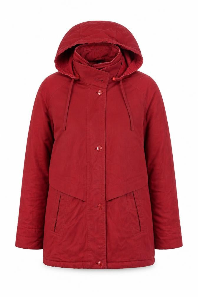 Front view of Telemac Women's Red M Parka Jacket, Hooded, Classic Style
