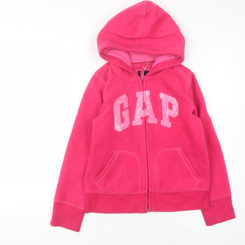 Gap Girls Pink Hoodie, Logo Accent, Size L, Fleece, Full Zip