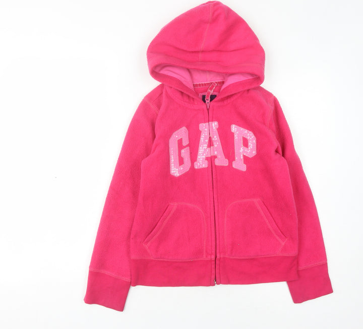 Gap Girls Pink Hoodie, Logo Accent, Size L, Fleece, Full Zip