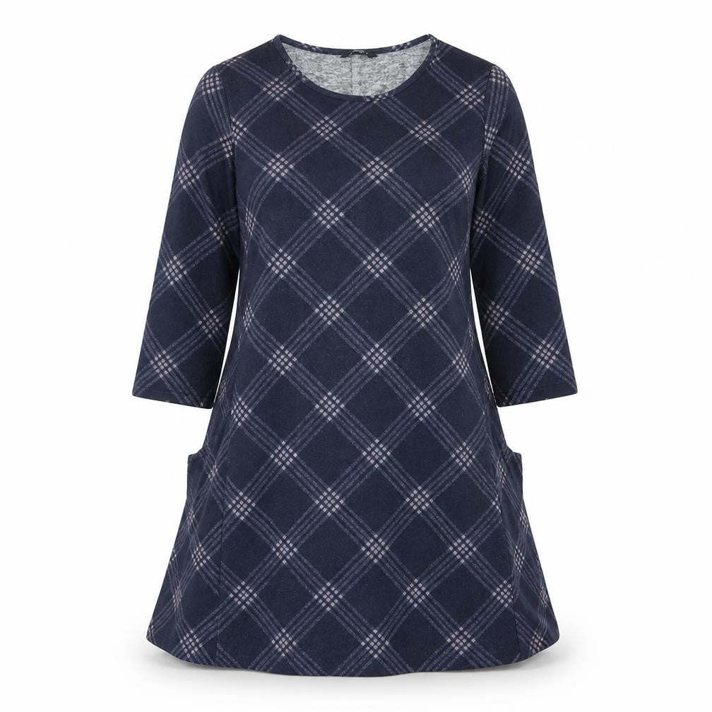 Front view of Roman Blue Check Jersey Dress Women, size 10