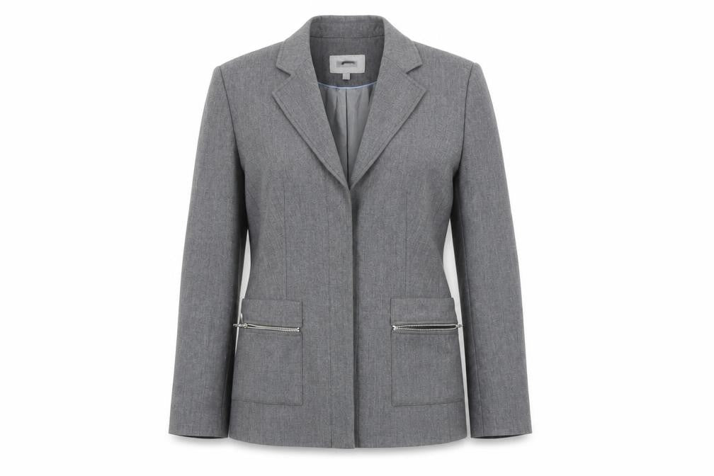 Front view of Next Women's Grey Blazer, size 12, Zip Accents
