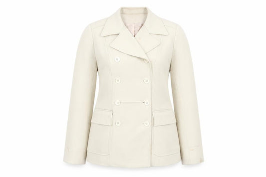 Front view of Warehouse Women's Beige Suit Jacket, size 12, Double-Breasted