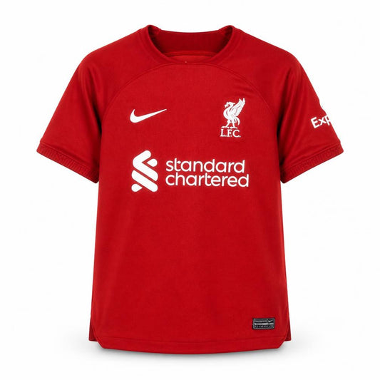 Front view of Nike boys’ red liverpool jersey short sleeve football top 10-11