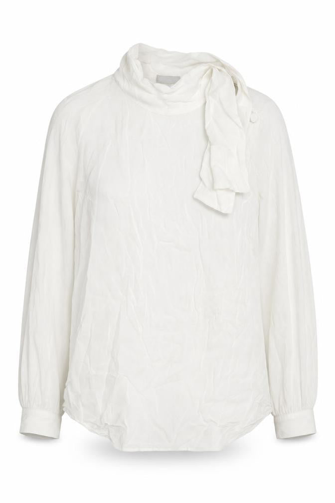 Front view of b.young Women's White Blouse 12 Tie Neck Long Sleeve