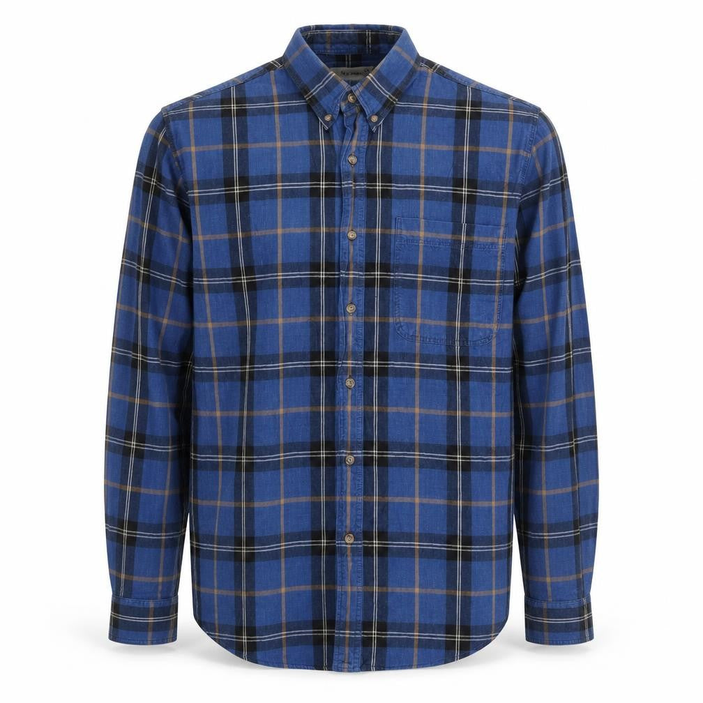 Front view of Burtons Men's Blue Plaid Button-Up Shirt M