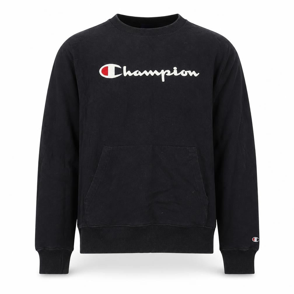 Front view of Champion Black Logo Pullover Sweatshirt S unisex
