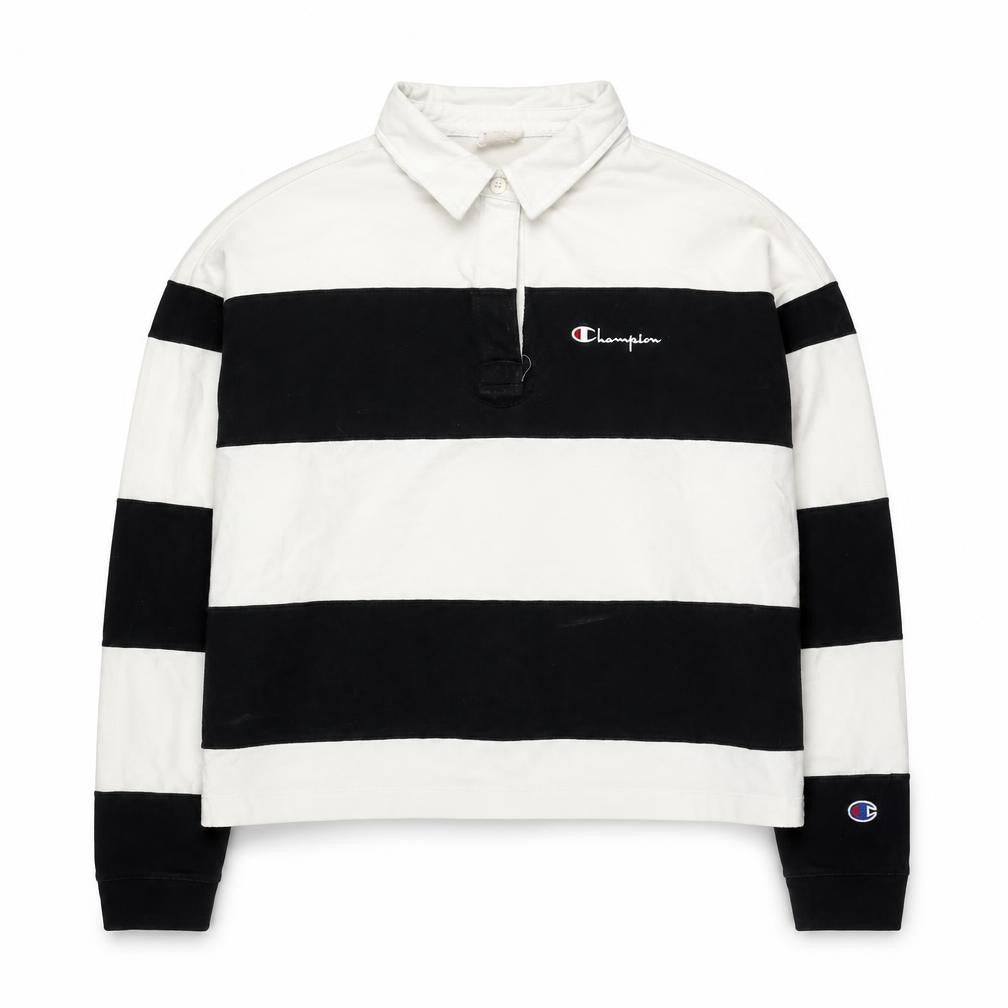 Front view of Champion Women's Black & White Striped Henley, size L