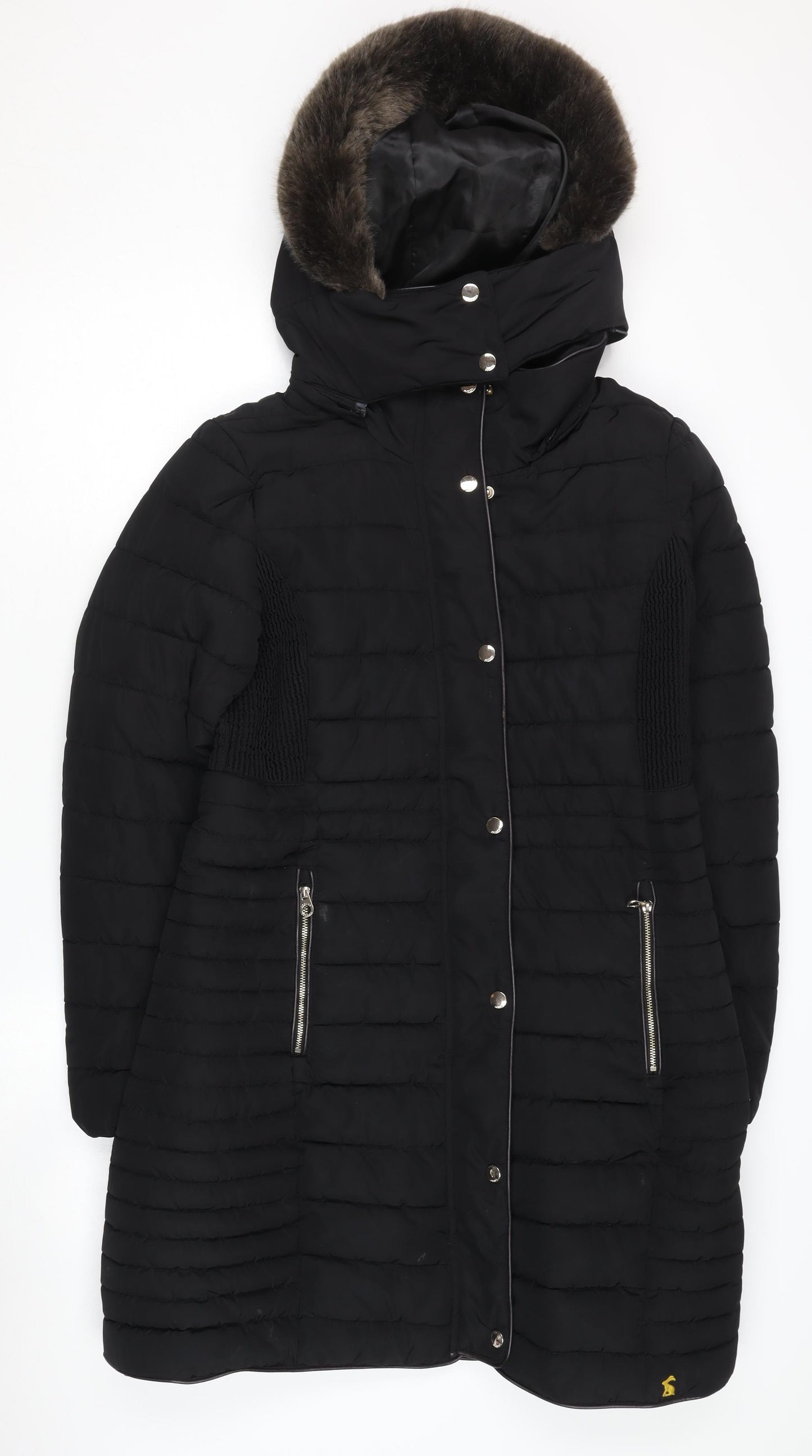Joules Women's Black Puffer Jacket Size 12 Hooded Long Coat