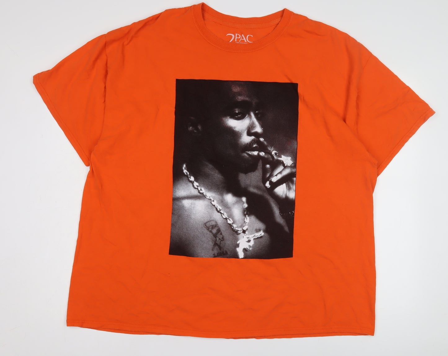 2Pac Men's Orange XL Music T-Shirt Crew Neck