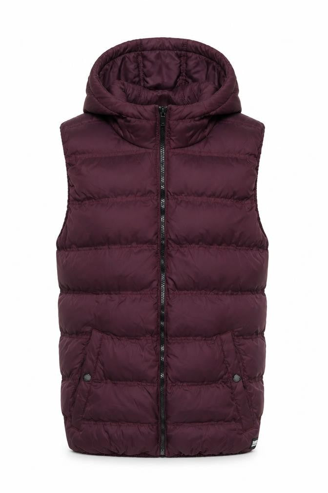 Front view of FABRIC Women's Red Puffer Hooded Waistcoat, size S