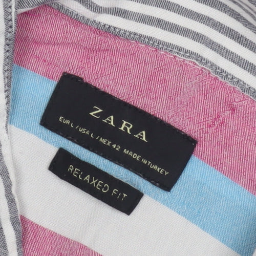 ZARA Men's Multicoloured Relaxed Fit Striped Shirt L