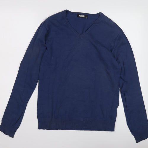 Bershka Men's Blue V-Neck Pullover Jumper M