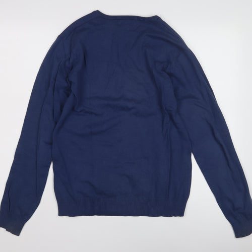 Bershka Men's Blue V-Neck Pullover Jumper M