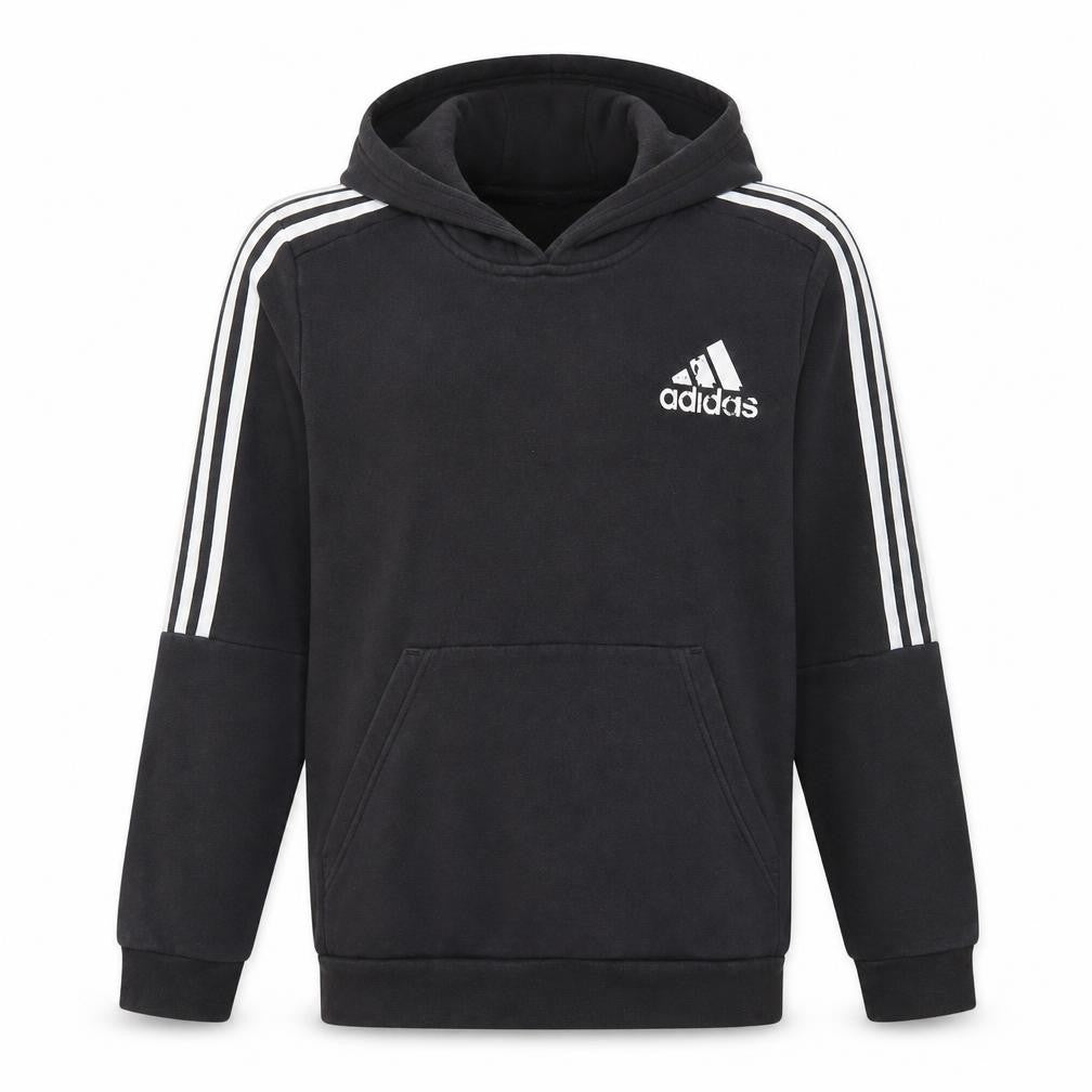 Front view of Adidas boys’ black pullover hoodie, size 13-14, years