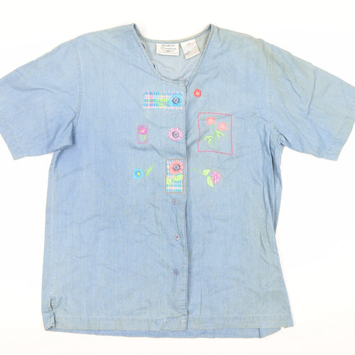 Northern Treasures Women's Blue Embroidered Button-Up Shirt M