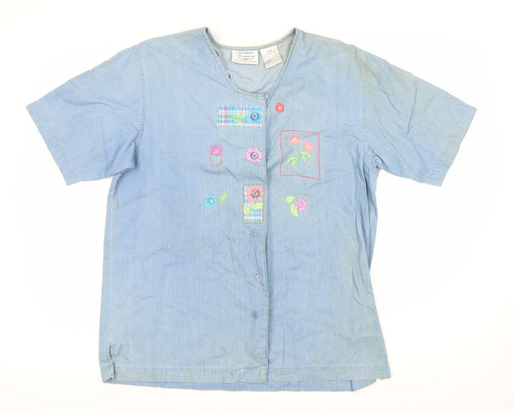 Northern Treasures Women's Blue Embroidered Button-Up Shirt M