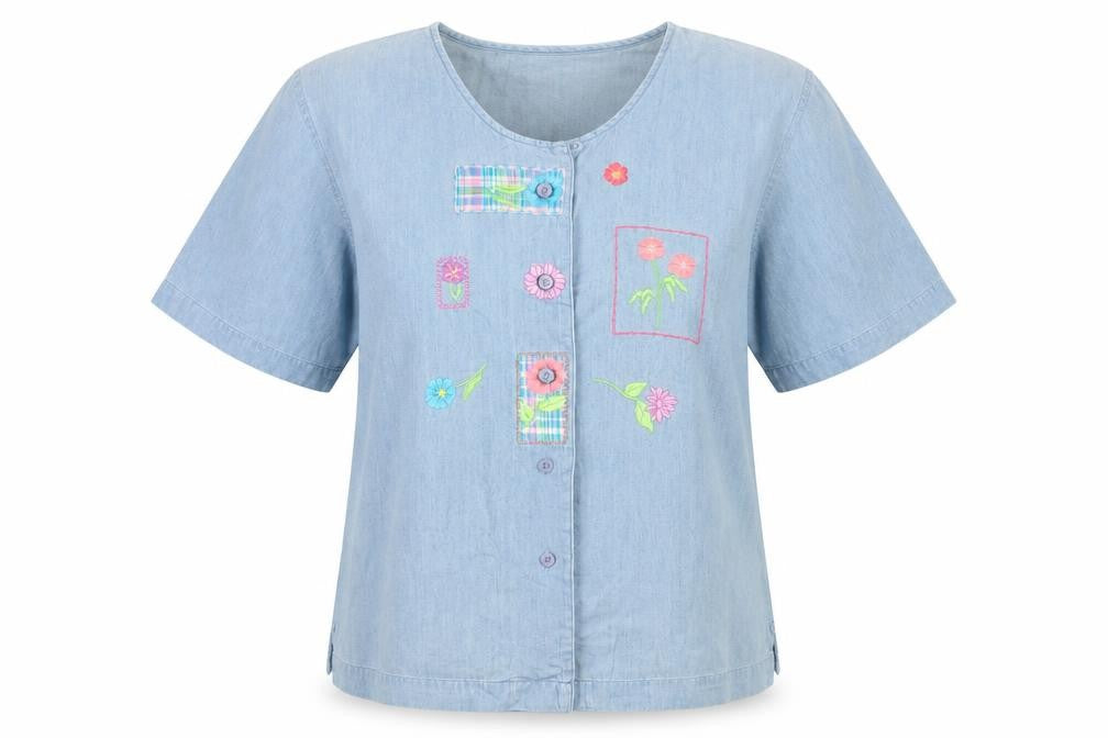 Front view of Northern Treasures Women's Blue Embroidered Button-Up Shirt M