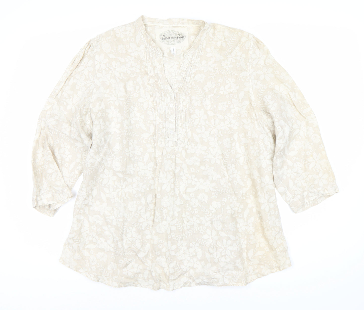 Marks and Spencer Women's Beige Floral Linen Blouse, Size 16
