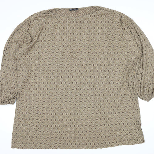 Zara Women's Beige Geometric 3/4 Sleeve Top Size 12