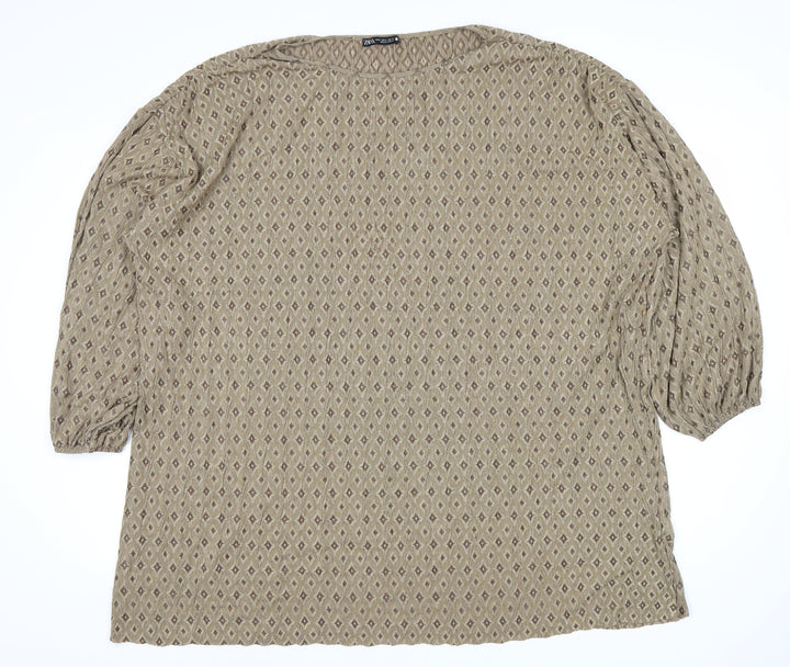 Zara Women's Beige Geometric 3/4 Sleeve Top Size 12