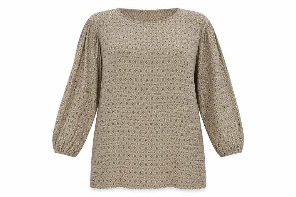 Front view of Zara Women's Beige Geometric 3/4 Sleeve Top, size 12