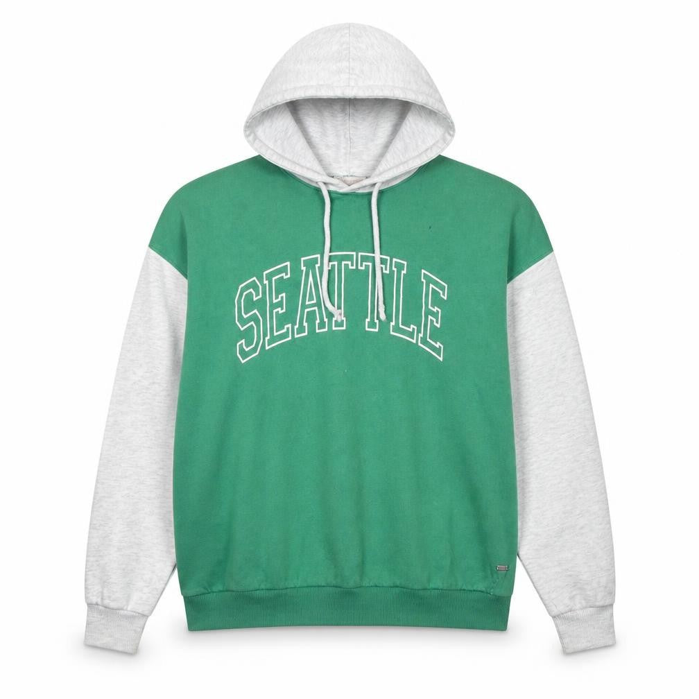 Front view of Pull&Bear Teen Green Hoodie, Medium, College Style