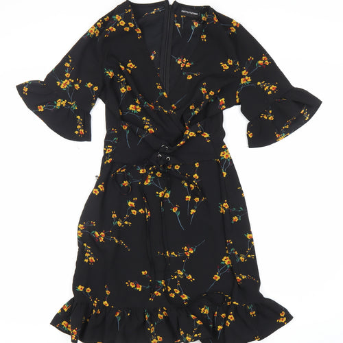 PRETTYLITTLETHING Women's Black Floral Wrap Dress