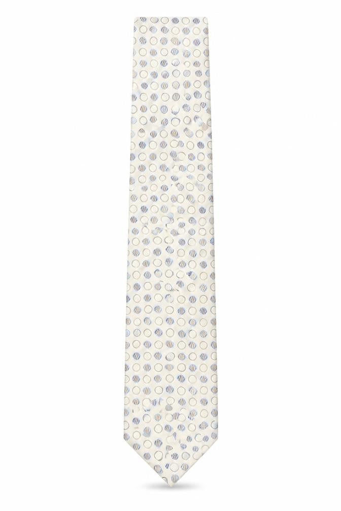 Front view of Thomas Nash Men's Beige Silk Polka Dot Tie