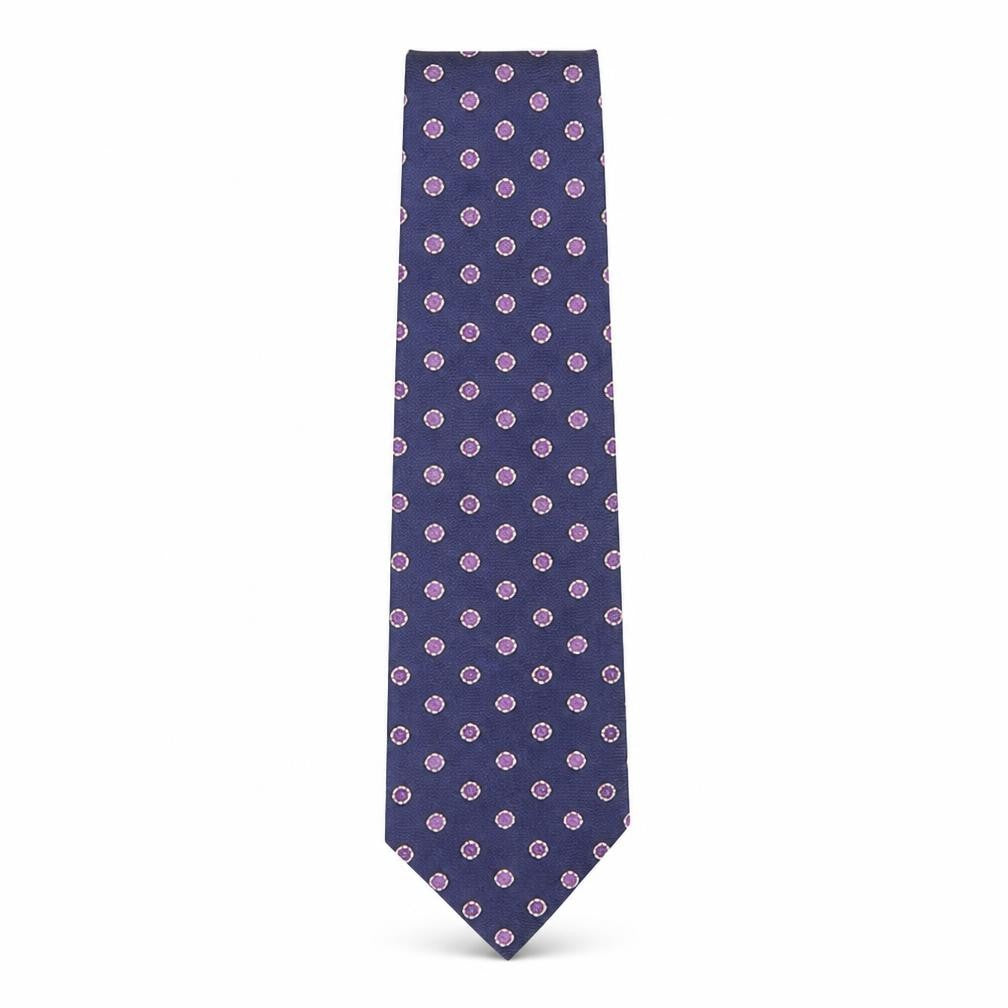 Front view of Benjamin James Men's Silk Blue Polka Dot Tie