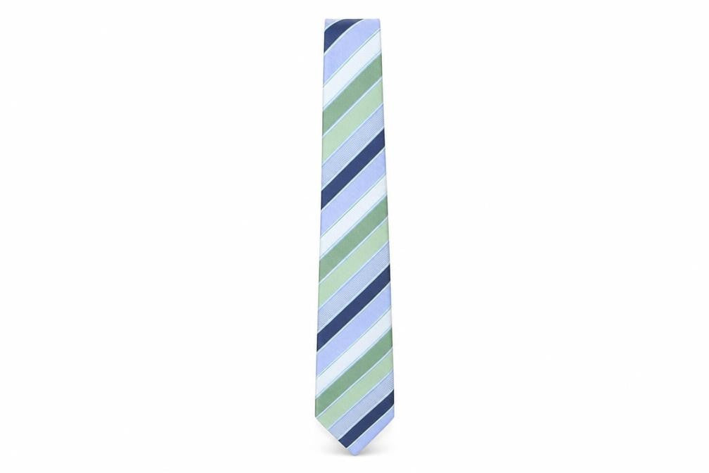 Front view of Austin Reed Men's Green Blue Striped Silk Tie One Size