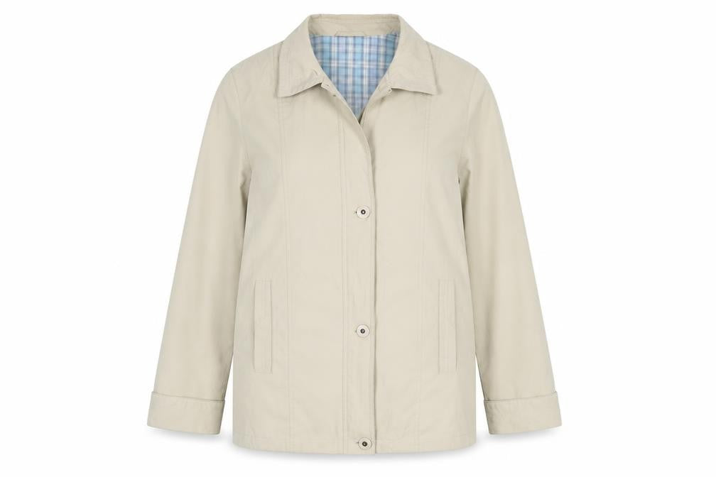 Front view of EWM Women's Beige Mid-Length Button Coat, size 12