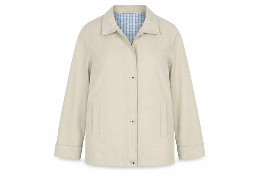 Front view of EWM Women's Beige Mid-Length Button Coat, size 12