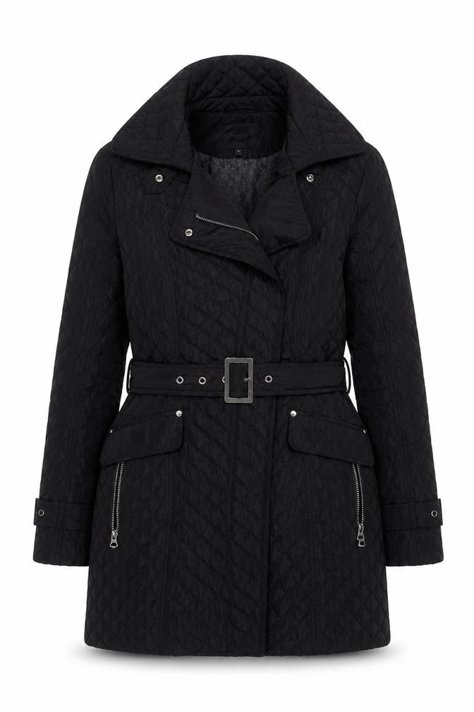 Front view of Next women’s quilted black hooded jacket, size UK 8