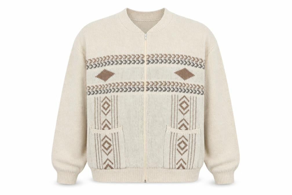 Front view of Premier Man Beige XL Full Zip Men's Jumper Aztec