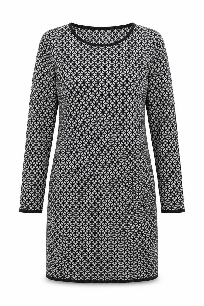 Front view of Oasis Women's Black Geometric Knit Shift Dress S