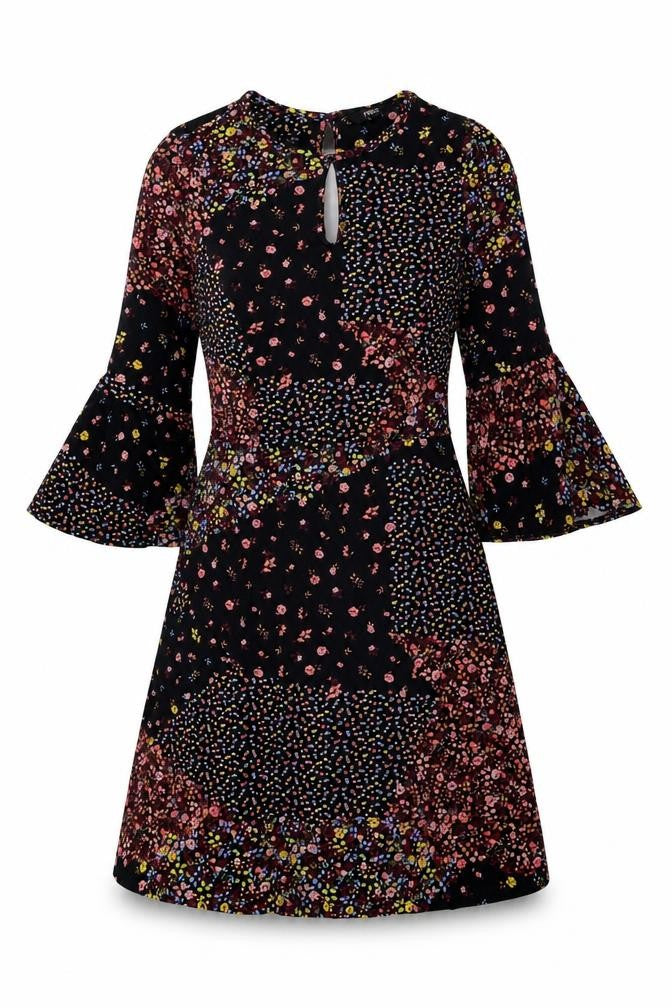 Front view of Next Women's Black Floral Dress, size 6, Long Sleeve