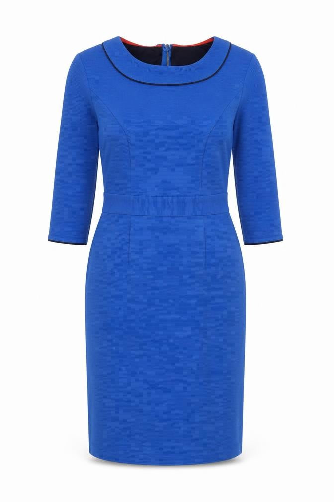 Front view of Boden Women's Blue Sheath Dress, size 8, Knee Length