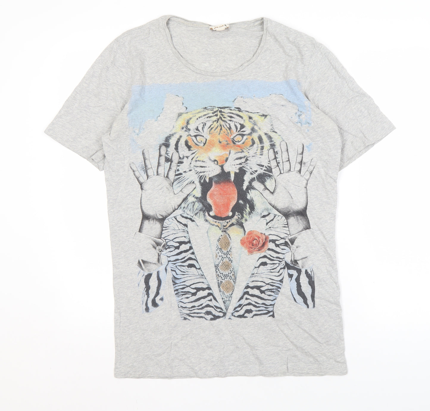 Diesel Men's Grey Tiger Art T-Shirt - Medium, Cotton