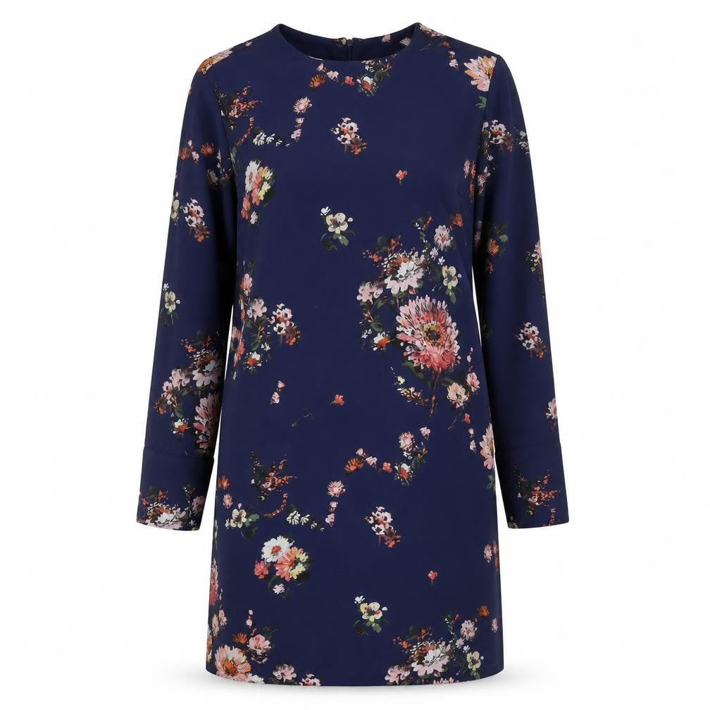 Front view of Warehouse Women's Blue Floral Shift Dress, size 14