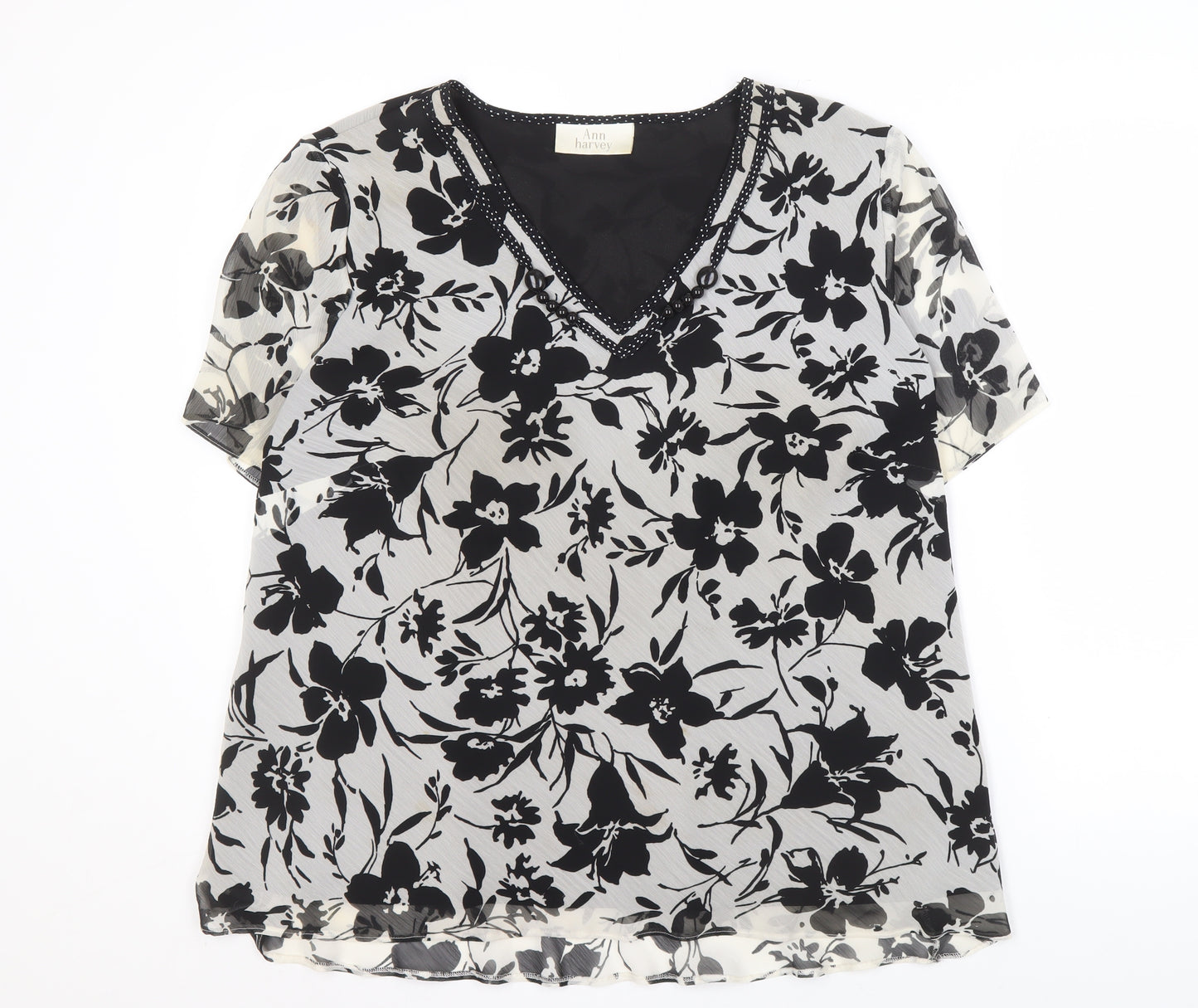 Ann Harvey Women's Black Floral Viscose Blouse, Size 16