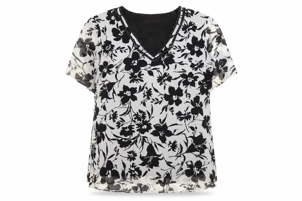 Front view of Ann Harvey Women's Black Floral Viscose Blouse, size 16