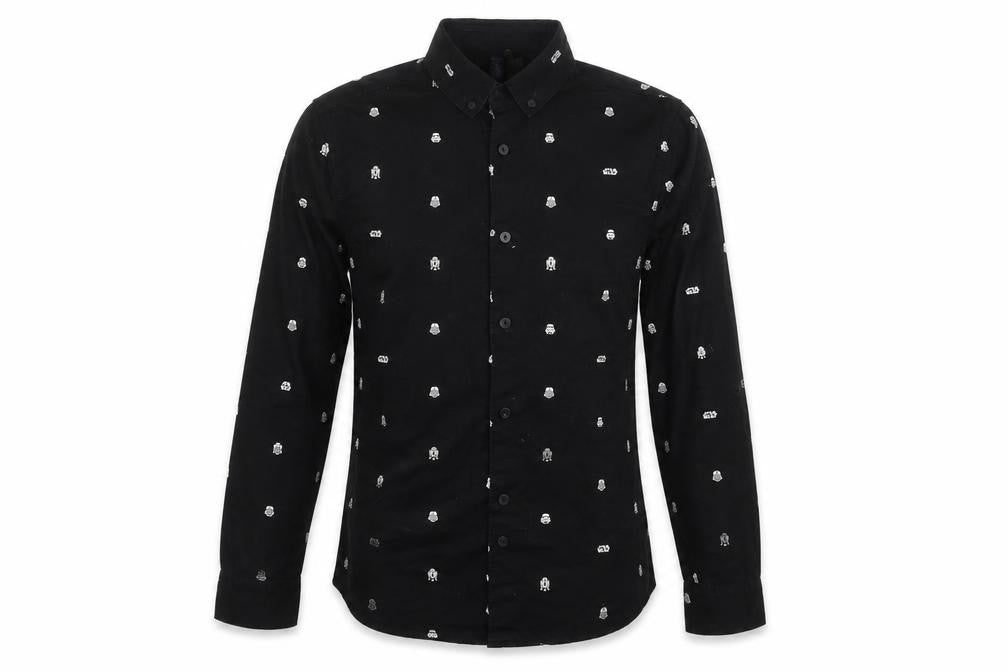 Front view of H&M Men Black XS Star Wars Collared Long Sleeve Shirt