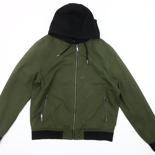 River Island Men's Green Bomber Jacket L - Casual, Hooded, Zip